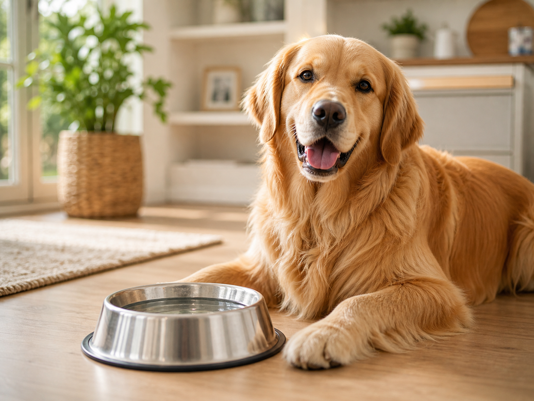 Perro en casa junto a un bowl de agua como rutina diaria de cuidado dental sin cepillado