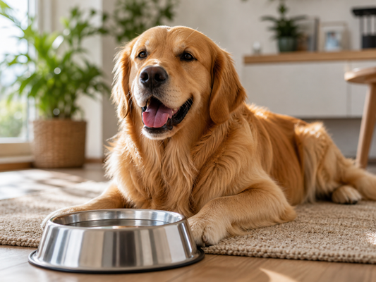 Perro relajado en casa junto a un bowl de agua después de una limpieza dental