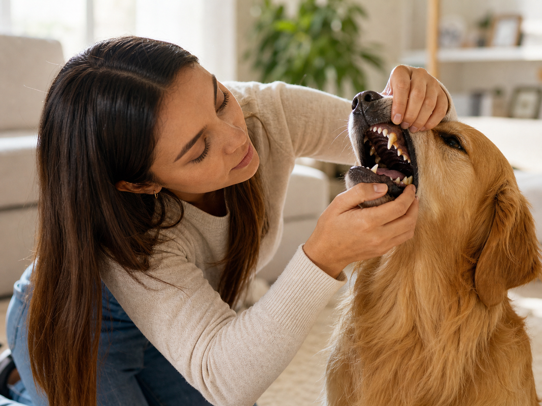 Persona revisando con cuidado la boca de su perro por mal aliento en una casa luminosa