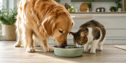 Perro y gato reales compartiendo agua en una rutina diaria segura de cuidado oral