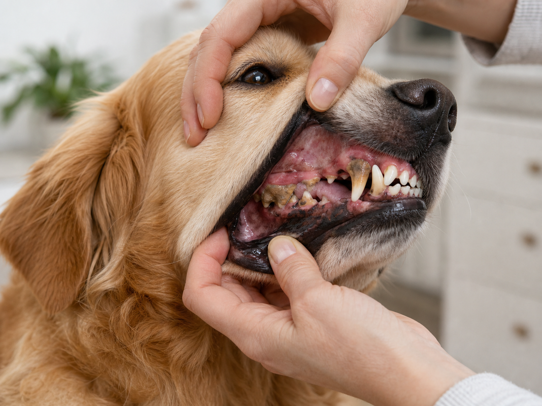 Primer plano realista de la boca de un perro mostrando sarro y encías para educación dental